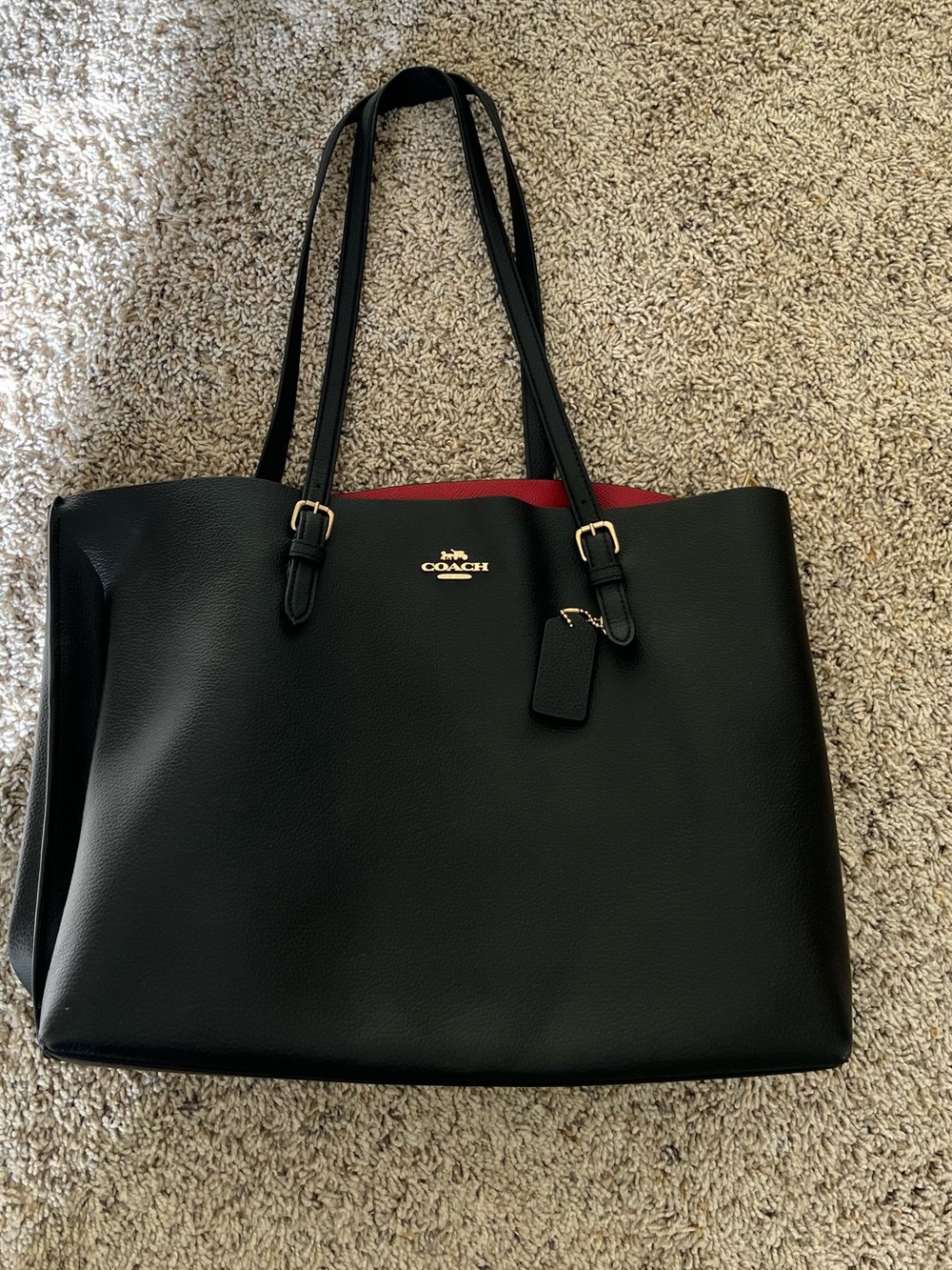 Coach Black pebbled Leather Tote with Red Interior